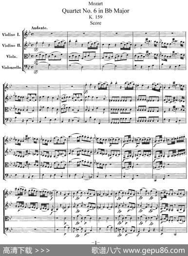 Mozart《QuartetNo.6inBbMajor,K.159》（总谱）
