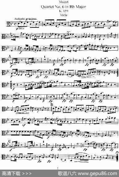 Mozart《QuartetNo.6inBbMajor,K.159》（Viola分谱）