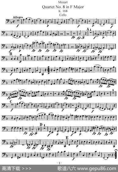 Mozart《QuartetNo.8inFMajor,K.168》（Cello分谱）