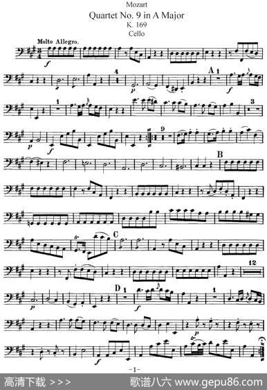 Mozart《QuartetNo.9inAMajor,K.169》（Cello分谱）