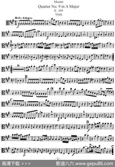 Mozart《QuartetNo.9inAMajor,K.169》（Viola分谱）