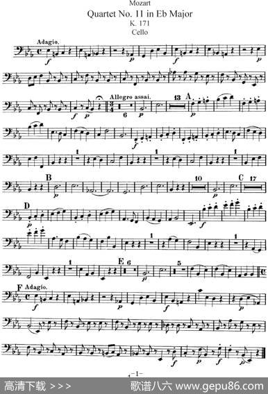 Mozart《QuartetNo.11inEbMajor,K.171》(Cello分谱)