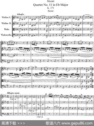 Mozart《QuartetNo.11inEbMajor,K.171》（总谱）