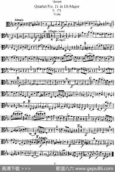 Mozart《QuartetNo.11inEbMajor,K.171》（Viola分谱）