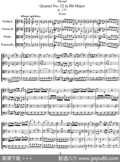 Mozart《QuartetNo.12inBbMajor,K.172》（总谱）