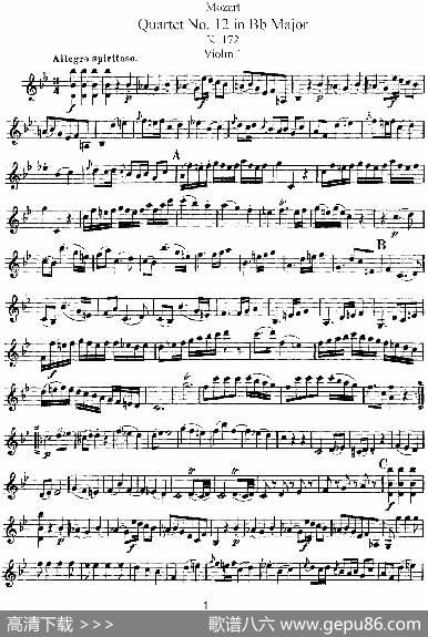 Mozart《QuartetNo.12inBbMajor,K.172》（Violin1分谱）
