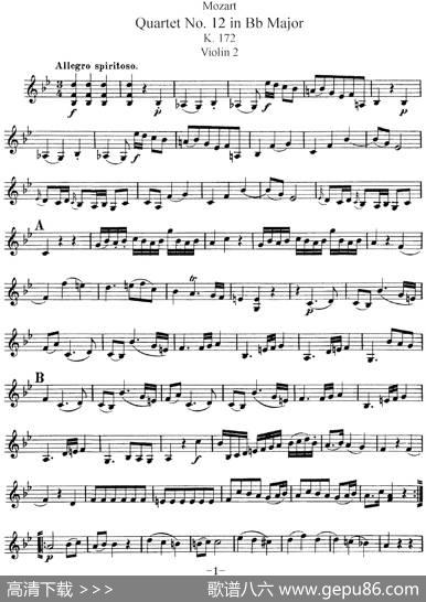 Mozart《QuartetNo.12inBbMajor,K.172》（Violin2分谱）