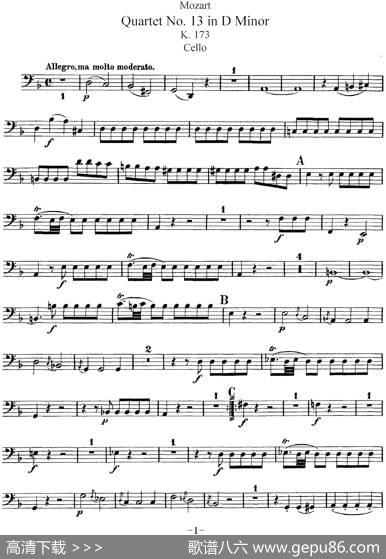 Mozart《QuartetNo.13inDMinor,K.173》（Cello分谱）