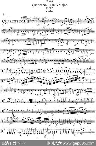 Mozart《QuartetNo.14inGMajor,K.387》（Viola分谱）