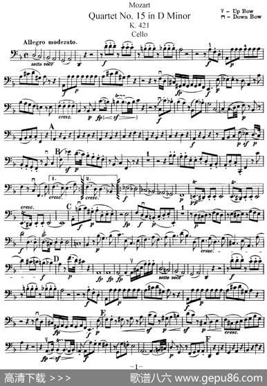 Mozart《QuartetNo.15inDMinor,K.421》（Cello分谱）