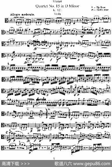 Mozart《QuartetNo.15inDMinor,K.421》（Viola分谱）