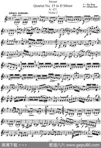 Mozart《QuartetNo.15inDMinor,K.421》（Violin2分谱）