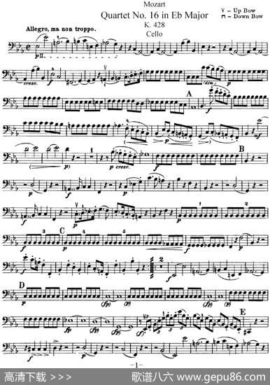 Mozart《QuartetNo.16inEbMajor,K.428》（Cello分谱）