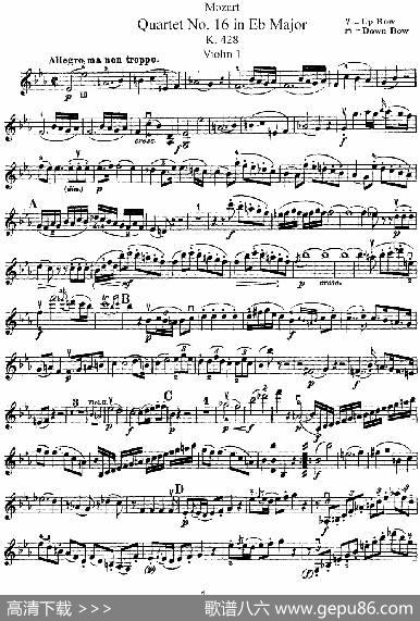 Mozart《QuartetNo.16inEbMajor,K.428》（Violin1分谱）