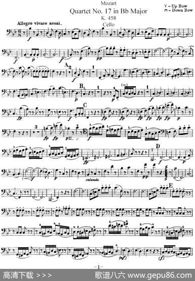 Mozart《QuartetNo.17inBbMajor,K.458》（Cello分谱）
