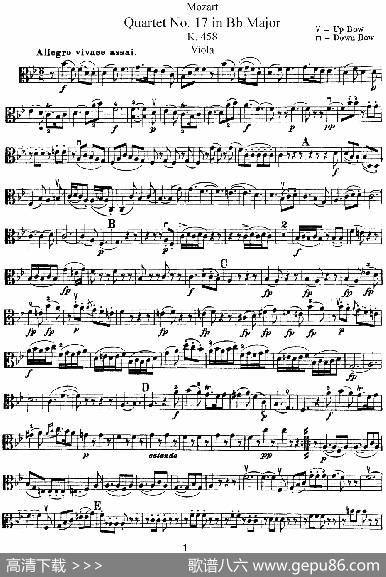 Mozart《QuartetNo.17inBbMajor,K.458》（Viola分谱）