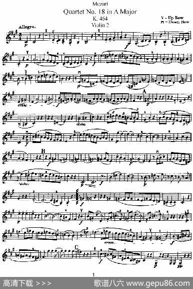 Mozart《QuartetNo.18inAMajor,K.464》（Violin2分谱）