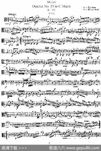 Mozart《QuartetNo.19inCMajor,K.465》（Viola分谱）