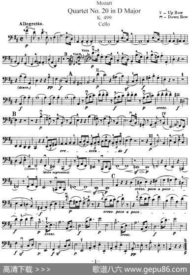 Mozart《QuartetNo.20inDMajor,K.499》（Cello分谱）