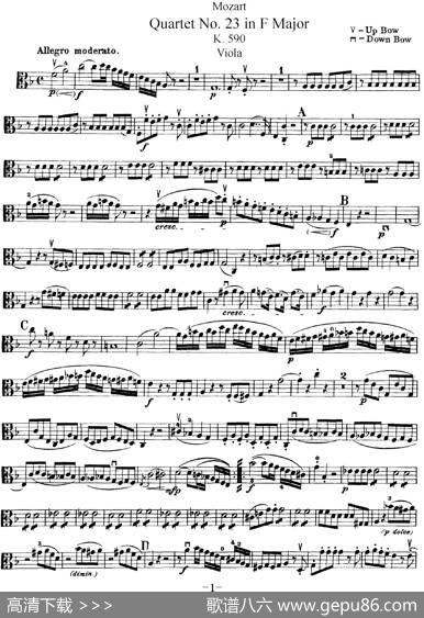 Mozart《QuartetNo.23inFMajor，K.590》（Viola分谱）