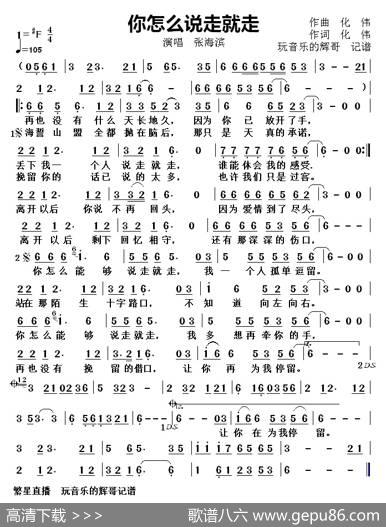你怎么说走就走（演唱张海滨） - 作词化伟|作曲化伟
