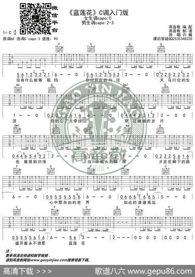 许巍《蓝莲花》吉他谱C调入门版猴哥吉他教学高音教编配