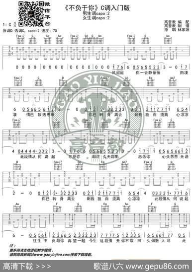 抖音热曲《不负于你》吉他谱C调入门版高音教编配猴哥吉他教学