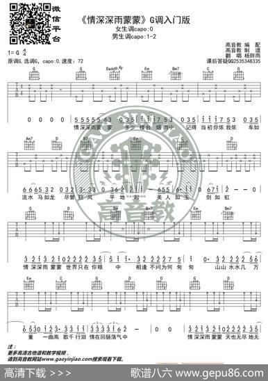 《情深深雨蒙蒙》吉他谱G调入门版高音教编配猴哥吉他教学