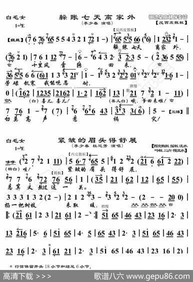 白毛女·躲账七天离家外（京胡伴奏谱） - 暂无|恒流星制谱