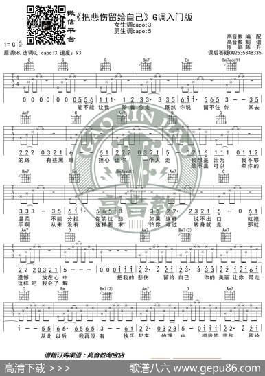 陈升《把悲伤留给自己》吉他谱G调入门版高音教编配猴哥吉他教学