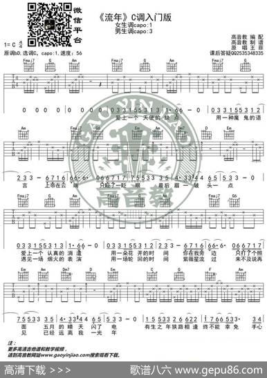 王菲《流年》吉他谱C调入门版高音教编配猴哥吉他教学