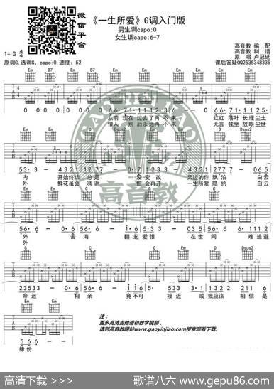 《一生所爱》吉他谱吉他弹唱教学G调入门版高音教猴哥吉他教学