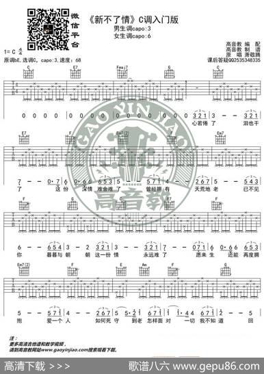 《新不了情》吉他谱吉他弹唱教学C调入门版高音教
