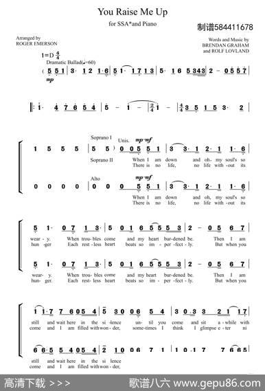 YouRaiseMeUp合唱谱（女声合唱SSA）
