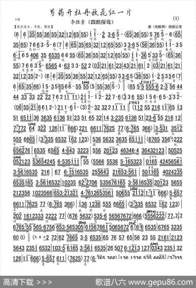 芍药开牡丹放花红一片（《四郎探母》选段、琴谱）