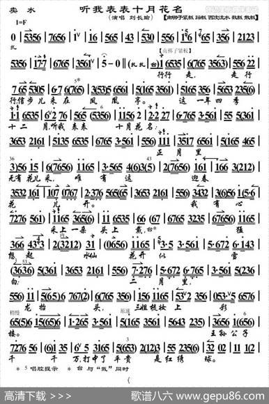 听我表表十月花名（《卖水》选段、琴谱）