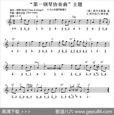 “第一钢琴协奏曲”主题（双谱式电子琴谱）|[俄]柴可夫斯基