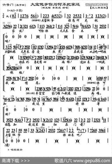 大宝他爹你为何不把家还（《六号门》胡二、胡二妻唱段、琴谱）