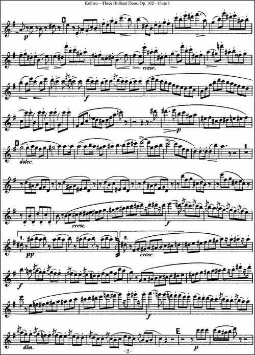 库劳长笛二重奏练习三段OP.102——Flute-1-NO.-长笛五线谱|长笛谱