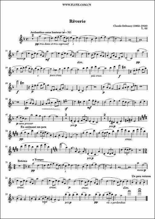 Debussy-Reverie-德彪西-幻想曲--长笛五线谱|长笛谱