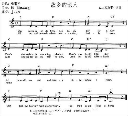 故乡的亲人-电子琴谱
