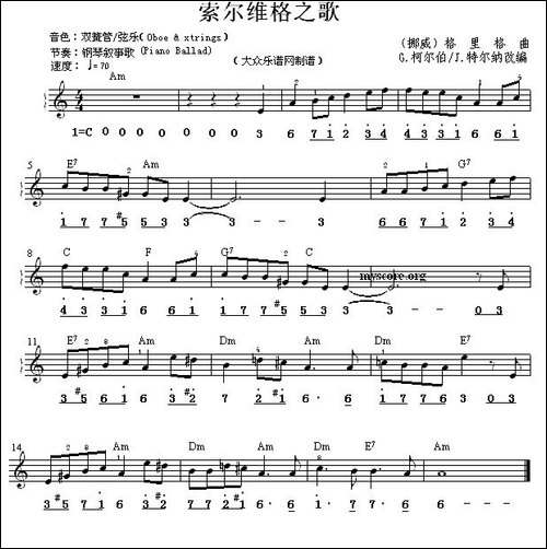 索尔维格之歌-电子琴谱