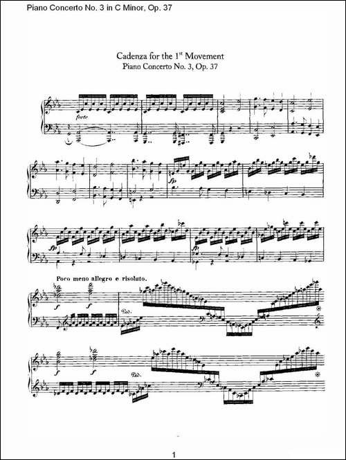 C小调钢琴第三协奏曲 Op.37  华彩乐章-钢琴谱