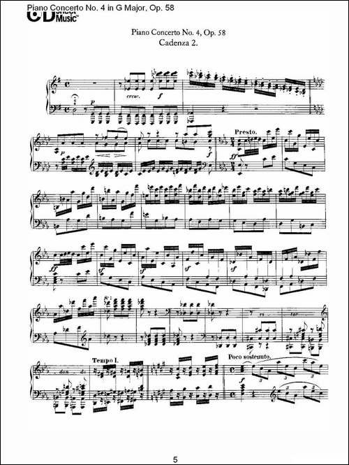 Ｇ大调钢琴第四协奏曲 Op.58 华彩乐章-总谱-钢琴谱