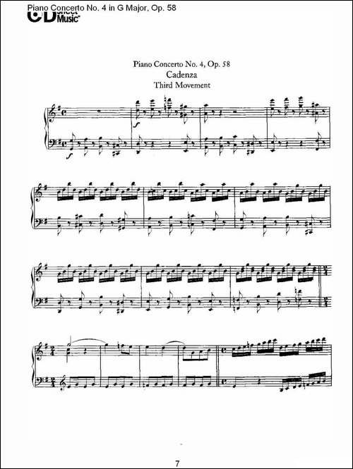 Ｇ大调钢琴第四协奏曲 Op.58 华彩乐章-总谱-钢琴谱