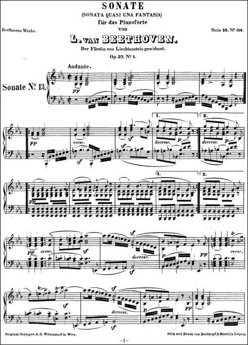 贝多芬钢琴奏鸣曲13 幻想奏鸣曲 降E大调 Op.27 No.1 E-flat major-钢琴谱