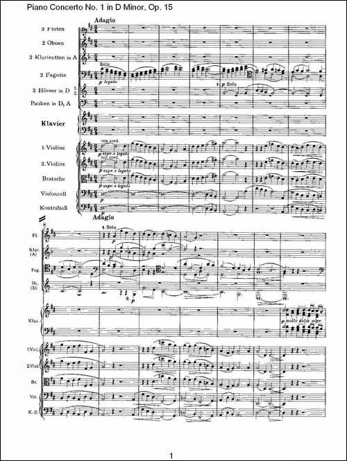 D小调钢琴第一协奏曲, Op.15第二乐章-钢琴谱