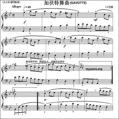 巴赫初级钢琴曲之二十：加伏特舞曲-钢琴谱