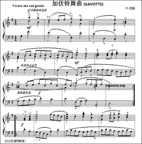 巴赫初级钢琴曲之二十一：加伏特舞曲-钢琴谱