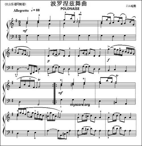 巴赫初级钢琴曲之二十四：波罗涅兹舞曲-钢琴谱